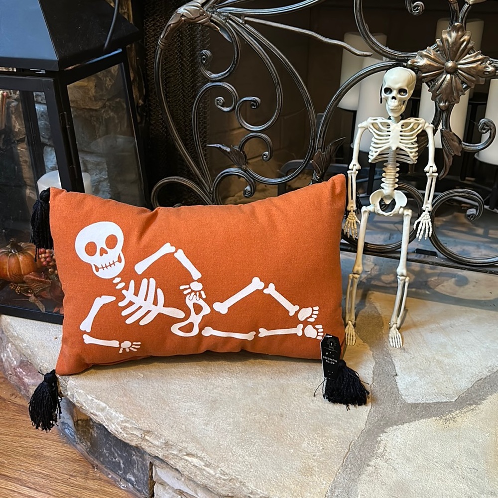 NWT Set of Halloween Skeleton Tassel Indoor Pillow and Posable Mini Skeleton